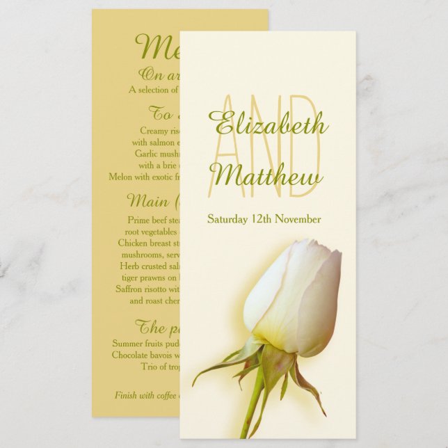 White rose bud wedding reception dinner menu invitation (Front/Back)