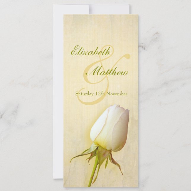 White rose bud wedding reception dinner menu invitation (Front)