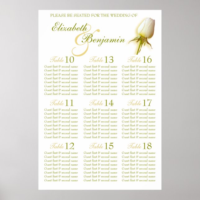 White Rose Bud Wedding Seating Table Planner 10-18 Poster (Front)
