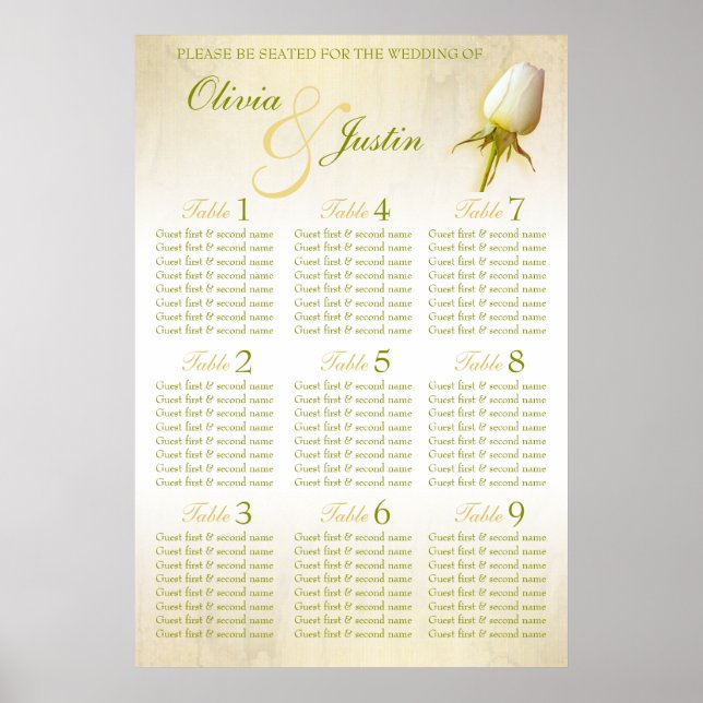 White Rose Bud Wedding Seating Table Planner 1-9 Poster (Front)