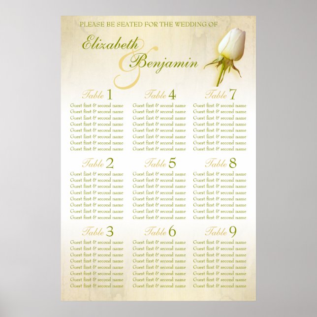 White Rose Bud Wedding Seating Table Planner 1-9 Poster (Front)