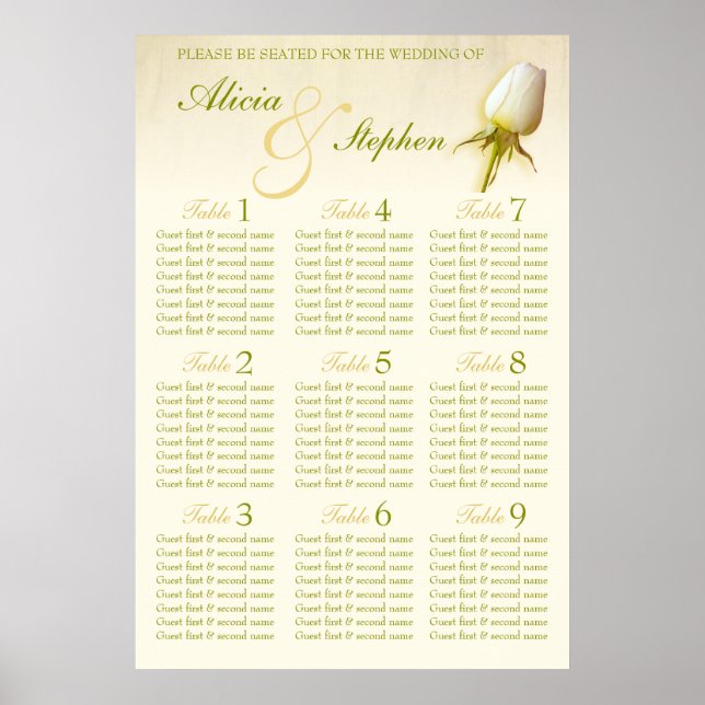 White Rose Bud Wedding Seating Table Planner 1-9 Poster (Front)