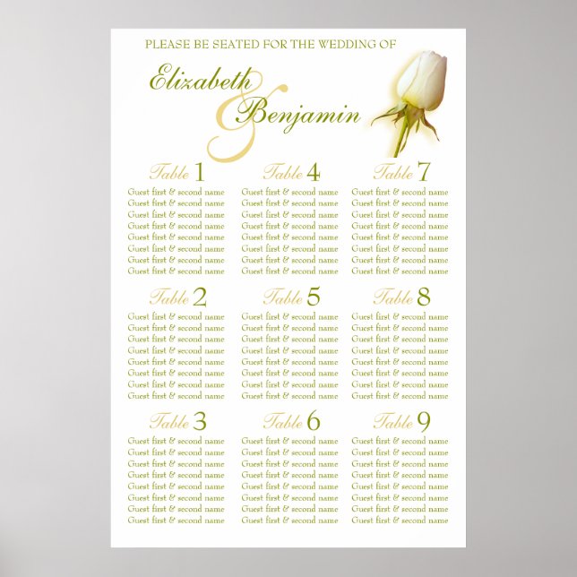White Rose Bud Wedding Seating Table Planner 1-9 Poster (Front)