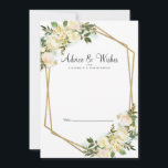 White Rose Chic Floral Gold Wedding Newlywed White Advice Card<br><div class="desc">Chic, elegant and formal Newlywed Wishes & Advice features romantic watercolor vanilla white roses with hints of blush pink displayed in leafy greenery on a timeless crisp white background. A sparkling golden colour geometric crystal-shaped frame provides a trendy touch. Personalise wedding design with your details in elegant charcoal grey lettering...</div>