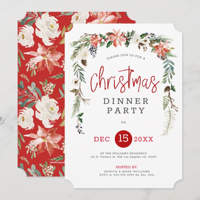 White rose & Christmas holly wreath dinner Invite (Front/Back)