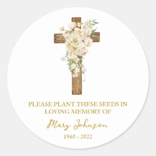 White rose Cross Memorial Funeral Seed Packet Classic Round Sticker