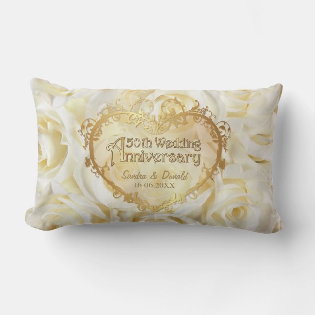White Rose Elegance - 50th Wedding Anniversary Lumbar Cushion (Front)