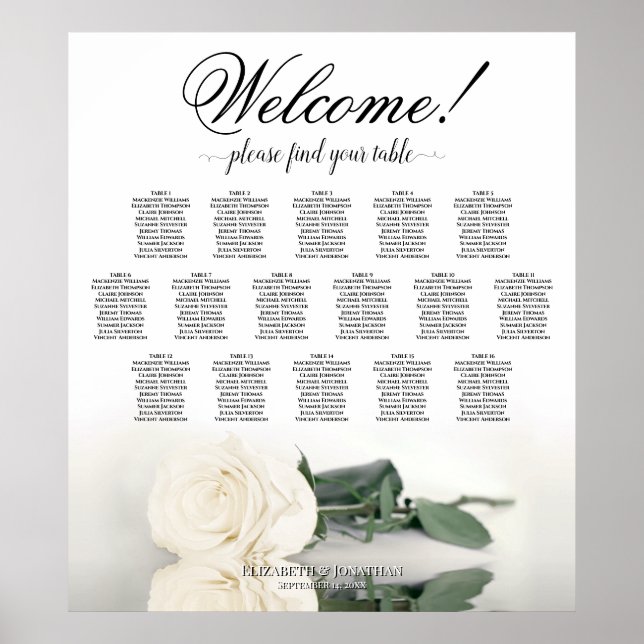 White Rose Elegant 16 Table Wedding Seating Chart (Front)