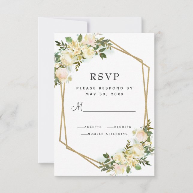 White Rose Elegant Floral Gold Frame Wedding White RSVP Card (Front)