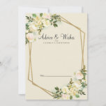 White Rose Elegant Floral Gold Wedding Newlywed Advice Card<br><div class="desc">Chic, elegant and formal Newlywed Wishes & Advice features romantic watercolor vanilla white roses with hints of blush pink displayed in leafy greenery on a timeless eggshell background. A sparkling golden colour geometric crystal-shaped frame provides a trendy touch. Personalise wedding design with your details in elegant charcoal grey lettering and...</div>