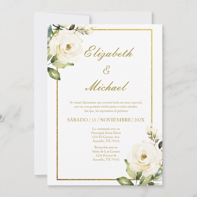 White Rose Elegant Wedding Invitation in Spanish (Front)
