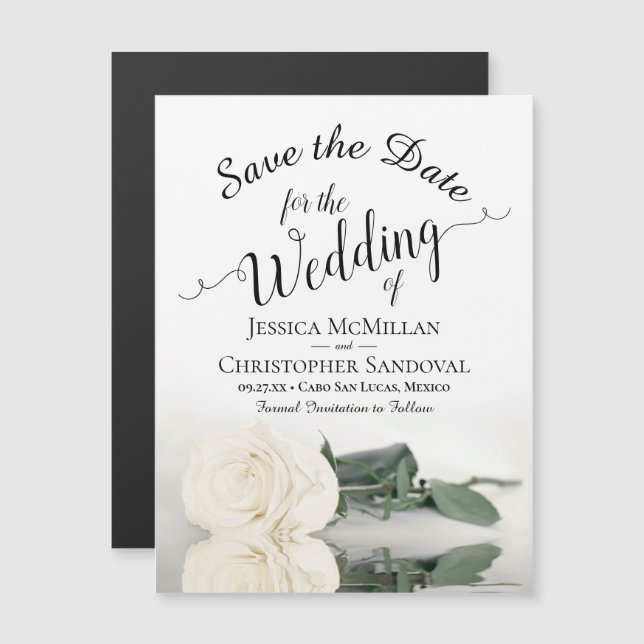 White Rose Elegant Wedding Save the Date Magnet (Front/Back)