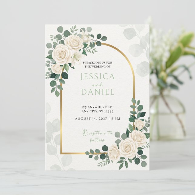 White Rose Emerald Eucalyptus Wedding Invitation (Standing Front)