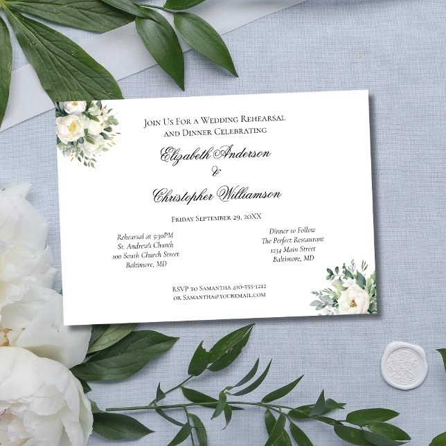 White Rose Eucalyptus Botanical Wedding Rehearsal Invitation (White Rose Floral Eucalyptus Wedding Rehearsal Dinner Invitation)