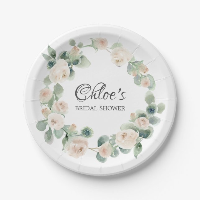 White Rose Eucalyptus Bridal Shower Paper Plate (Front)