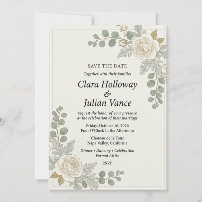 White Rose, Eucalyptus, Dusty Miller, Border Frame Invitation (Front)