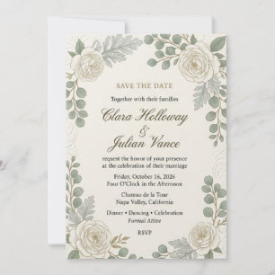 White Rose, Eucalyptus, Dusty Miller, Ornate Scrol Invitation