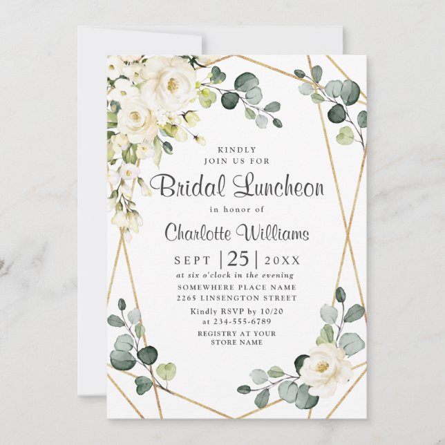 White Rose Eucalyptus Greenery Bridal Luncheon Invitation (Front)