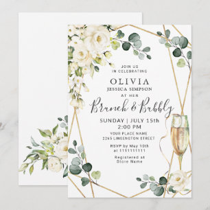 White Rose Eucalyptus Greenery Brunch & Bubbly  Invitation