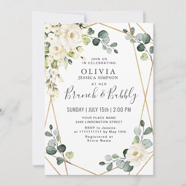 White Rose Eucalyptus Greenery Brunch & Bubbly Invitation (Front)
