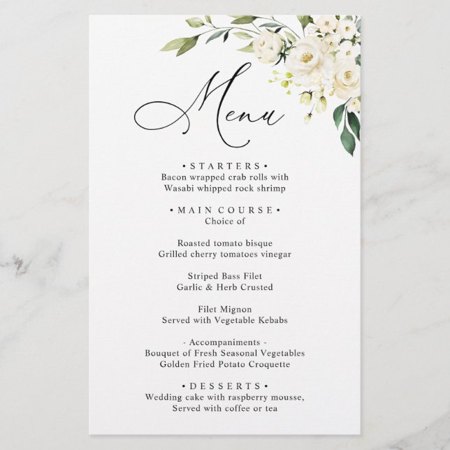 White Rose Eucalyptus Greenery Wedding Dinner Menu (Front)