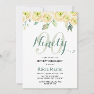 White Rose Eucalyptus Pretty Flora 90th Birthday Invitation