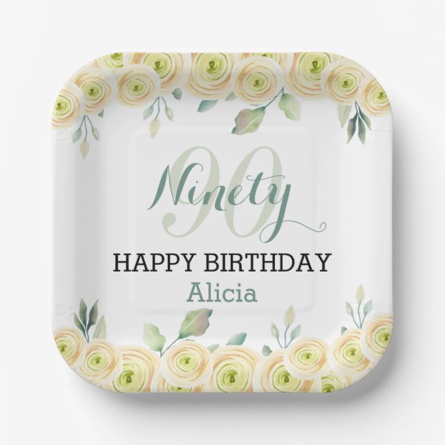 White Rose Eucalyptus Pretty Flora 90th Birthday Paper Plate (Front)