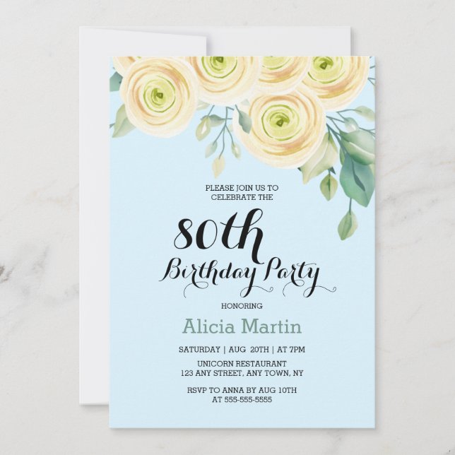 White Rose Flora Eucalyptus Blue 80th Birthday Invitation (Front)