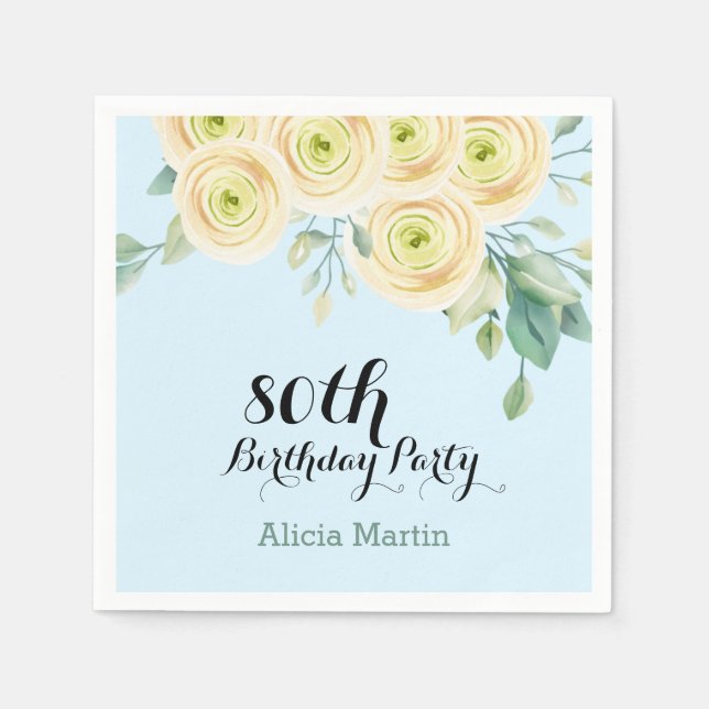 White Rose Flora Eucalyptus Blue 80th Birthday Napkin (Front)