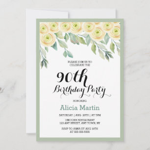 White Rose Flora Eucalyptus Greenery 90th Birthday Invitation