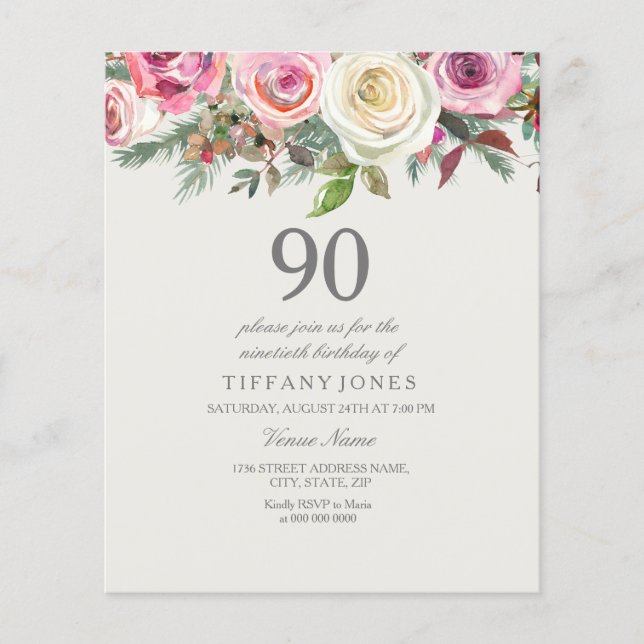 White Rose Floral 90th Birthday Budget Invitation (Front)