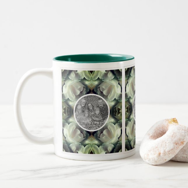 White Rose Floral Abstract Add Your Own Photo Two-Tone Coffee Mug (With Donut)