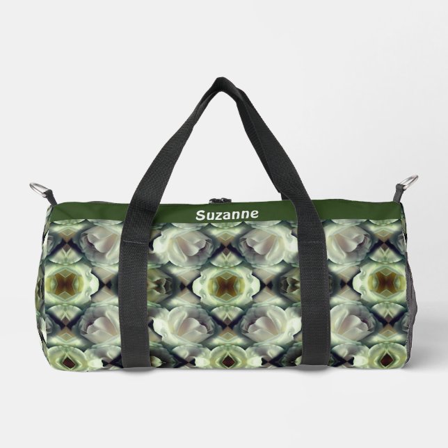 White Rose Floral Abstract Art Personalised Duffle Bag (Front)