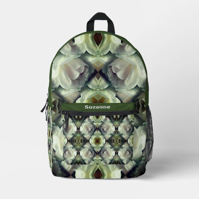White Rose Floral Abstract Art Personalised Printed Backpack (Front)