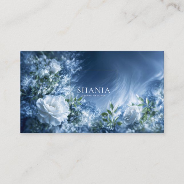 White Rose Floral and Dark Blue Cosmic Swirl Business Card (Front)