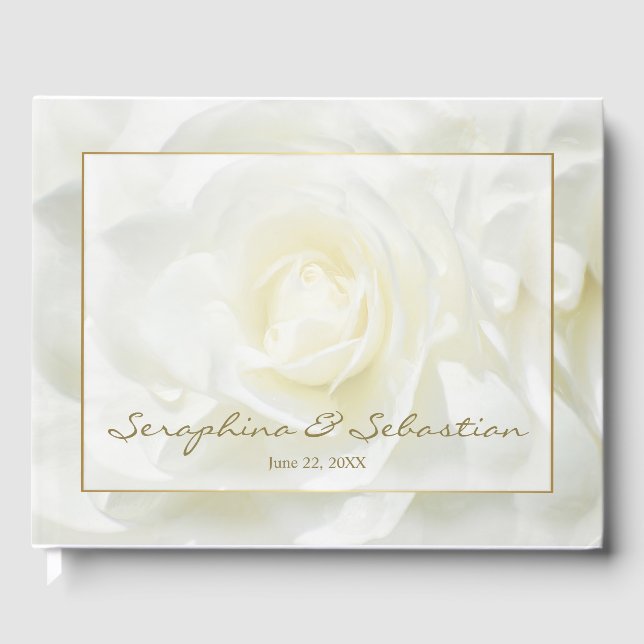 White Rose Floral and Gold Wedding Guest Book (Front)