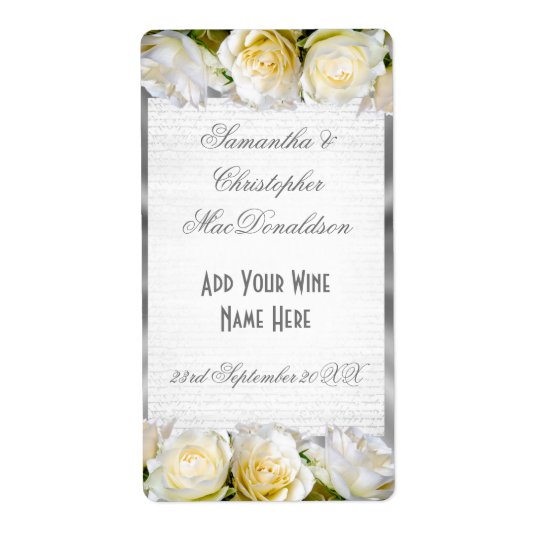 White rose floral and silver wedding wine bottle shipping label