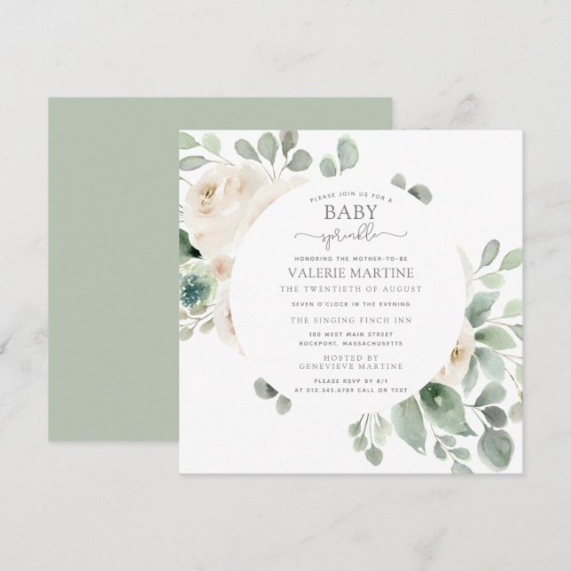 White Rose Floral Baby Sprinkle Invitation (Front/Back)
