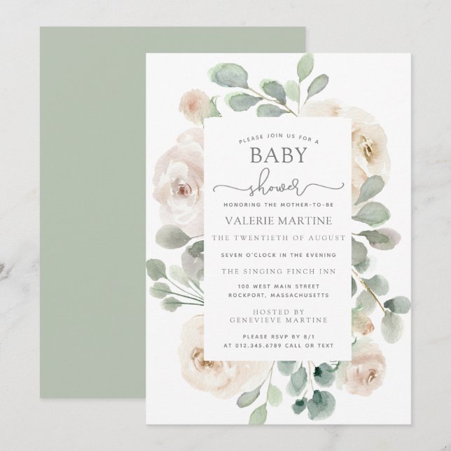 White Rose Floral Botanical Baby Shower Invitation (Front/Back)