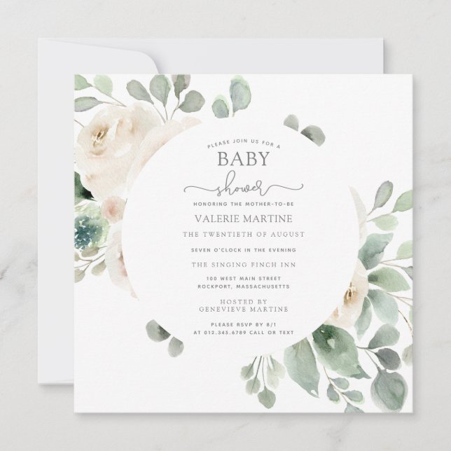 White Rose Floral Botanical Baby Shower Invitation (Front)