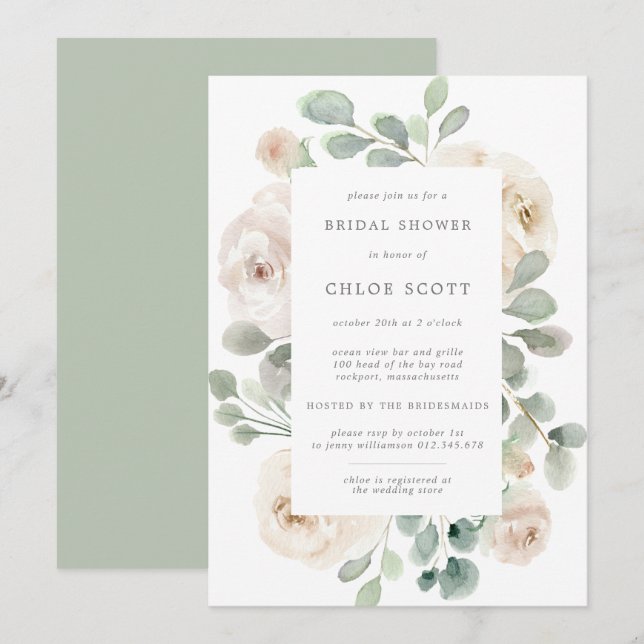 White Rose Floral Botanical Bridal Shower Invitation (Front/Back)