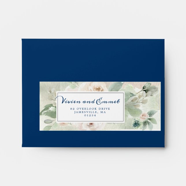 White Rose Floral Botanical Navy Blue RSVP Card Envelope (Front)