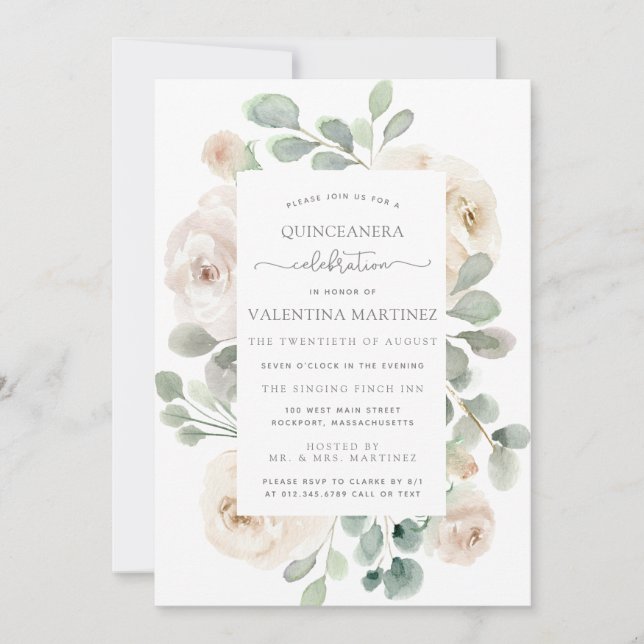 White Rose Floral Botanical Quinceanera Invitation (Front)