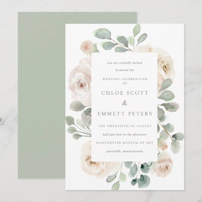 White Rose Floral Botanical Wedding Invitation (Front/Back)
