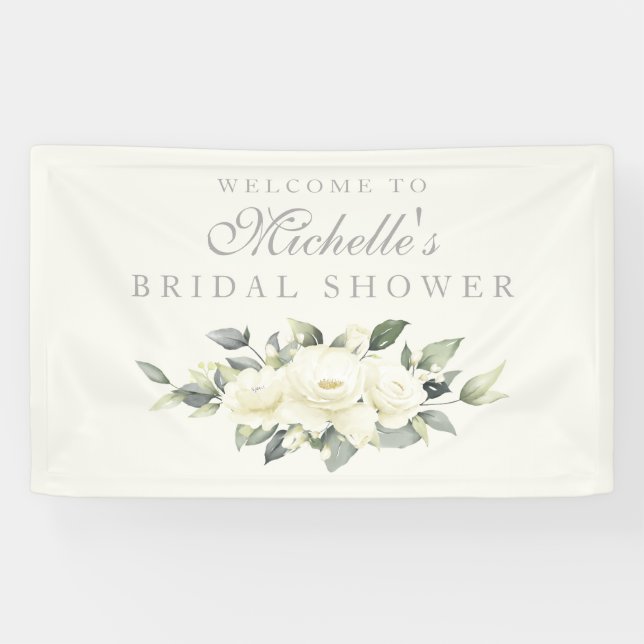 White Rose Floral Bridal Shower Banner (Horizontal)