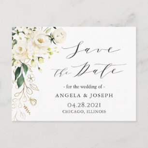 White Rose Floral Calligraphy Script Save the Date Announcement Postcard