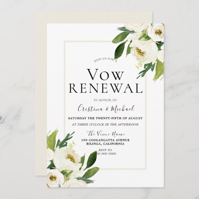 White Rose Floral Cream Vow Renewal Invitation (Front/Back)