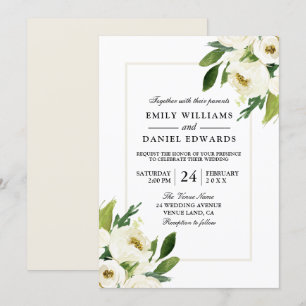 White Rose Floral Cream Wedding Invitation
