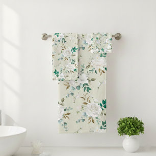 White Rose Floral Design - Elegant and Timeless Bath Towel Set