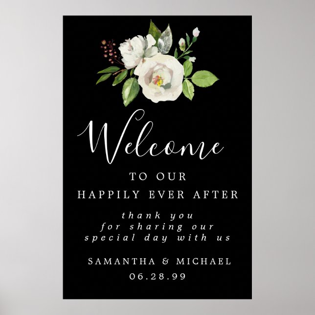 White Rose Floral Elegant Wedding Welcome Sign (Front)
